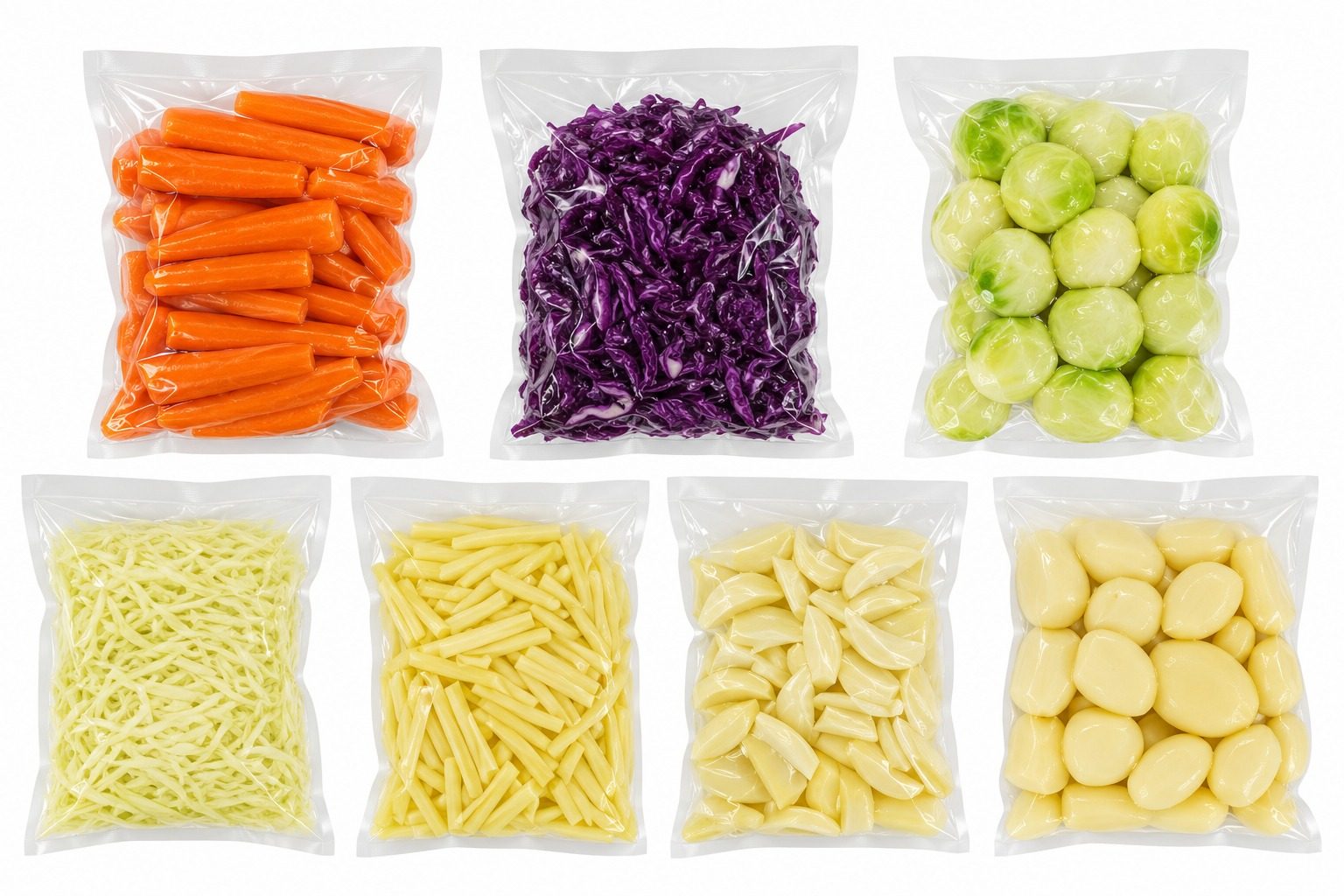 Vegetales pelados y cortados empacados al vacío